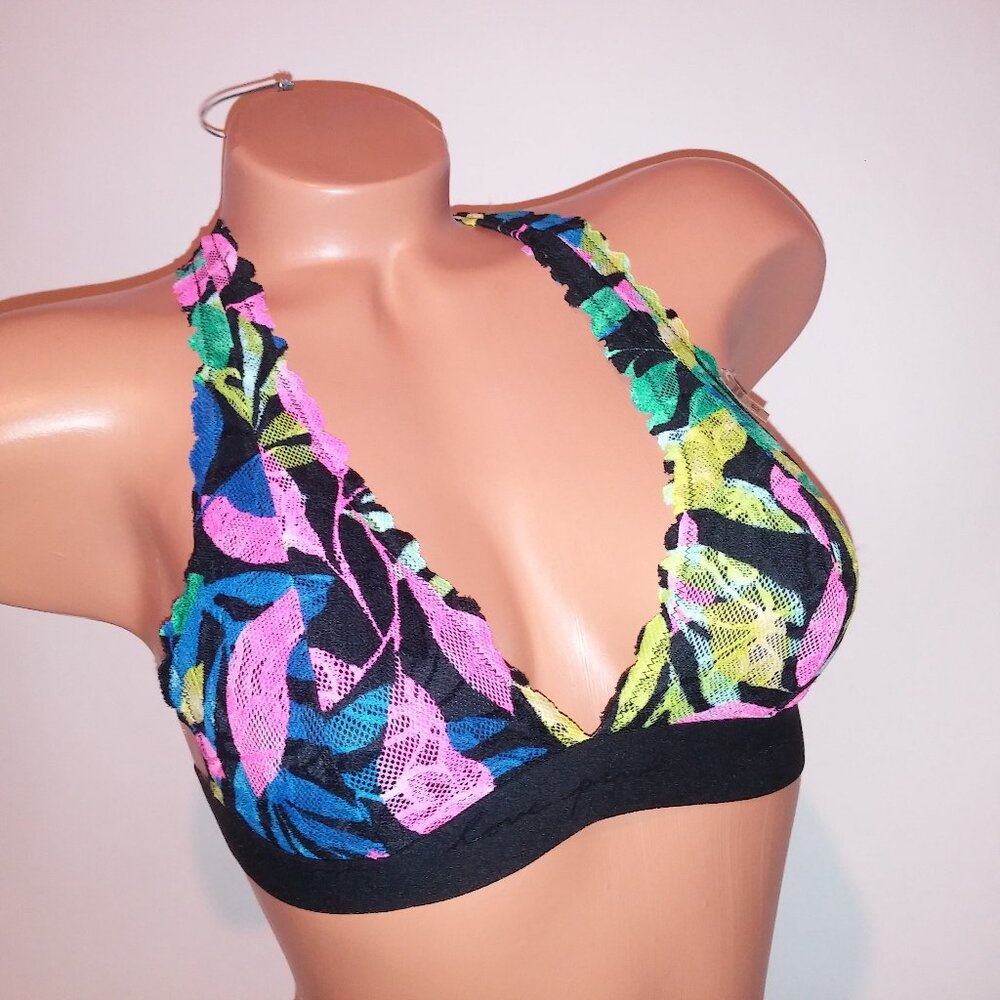 Victoria Secret PINK Bralette Bra XS Black Multi Neon Strappy Removable‎ Padding